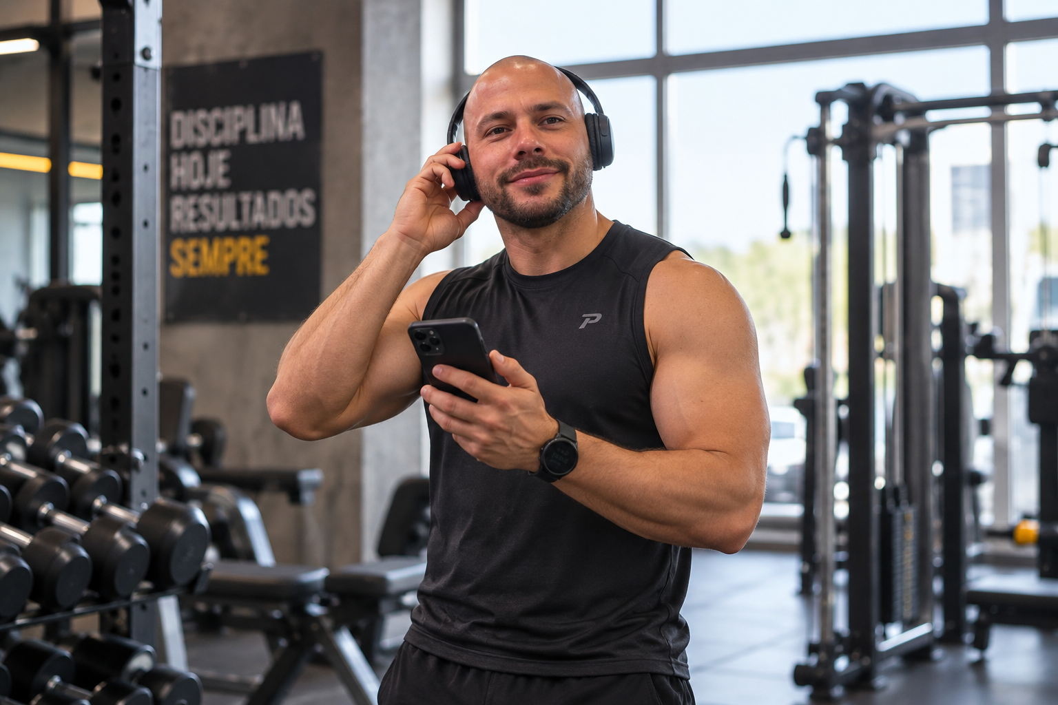 Aluno consultando o treino no celular na academia
